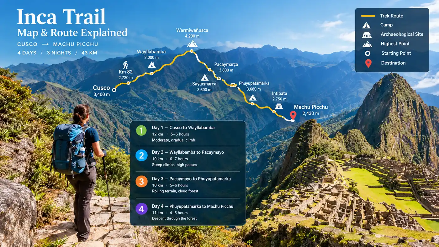 Carte et itinéraire du Chemin de l'Inca expliqués